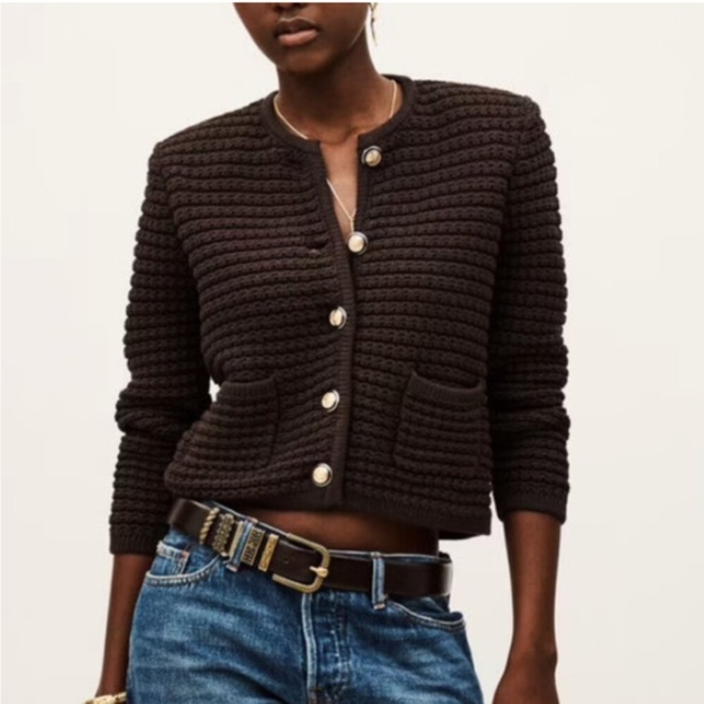 BA&SH Cardigan Gaspard Knit Gold Buttons in Chocolate Brown